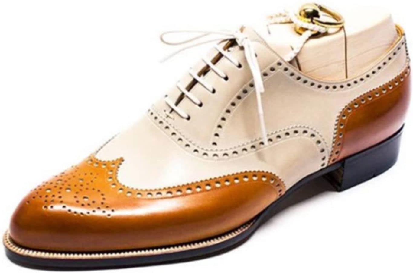 Tan/ White Leather Formal Brogue Wing Tip Lace Up