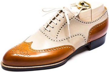 Tan/ White Leather Formal Brogue Wing Tip Lace Up