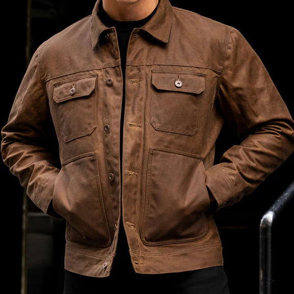 Men’s Waxed Canvas Trucker Jacket – 14oz Halley Stevensons, Handcrafted in Portugal