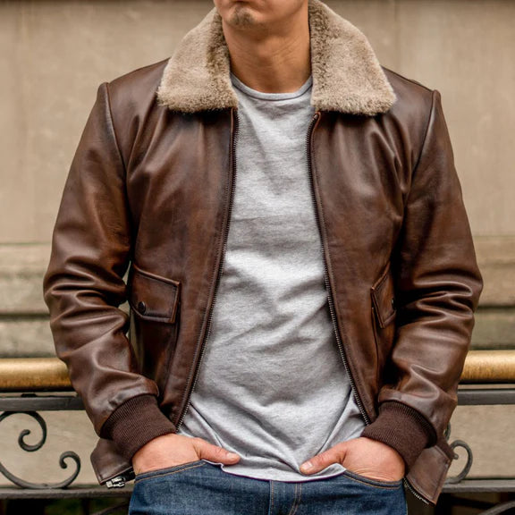 Men’s Black Lambskin Leather Flight Jacket – Shearling Collar & Handcrafted