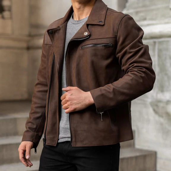 Men’s Tobacco Lambskin Leather Motorcycle Jacket – Handcrafted & Durable