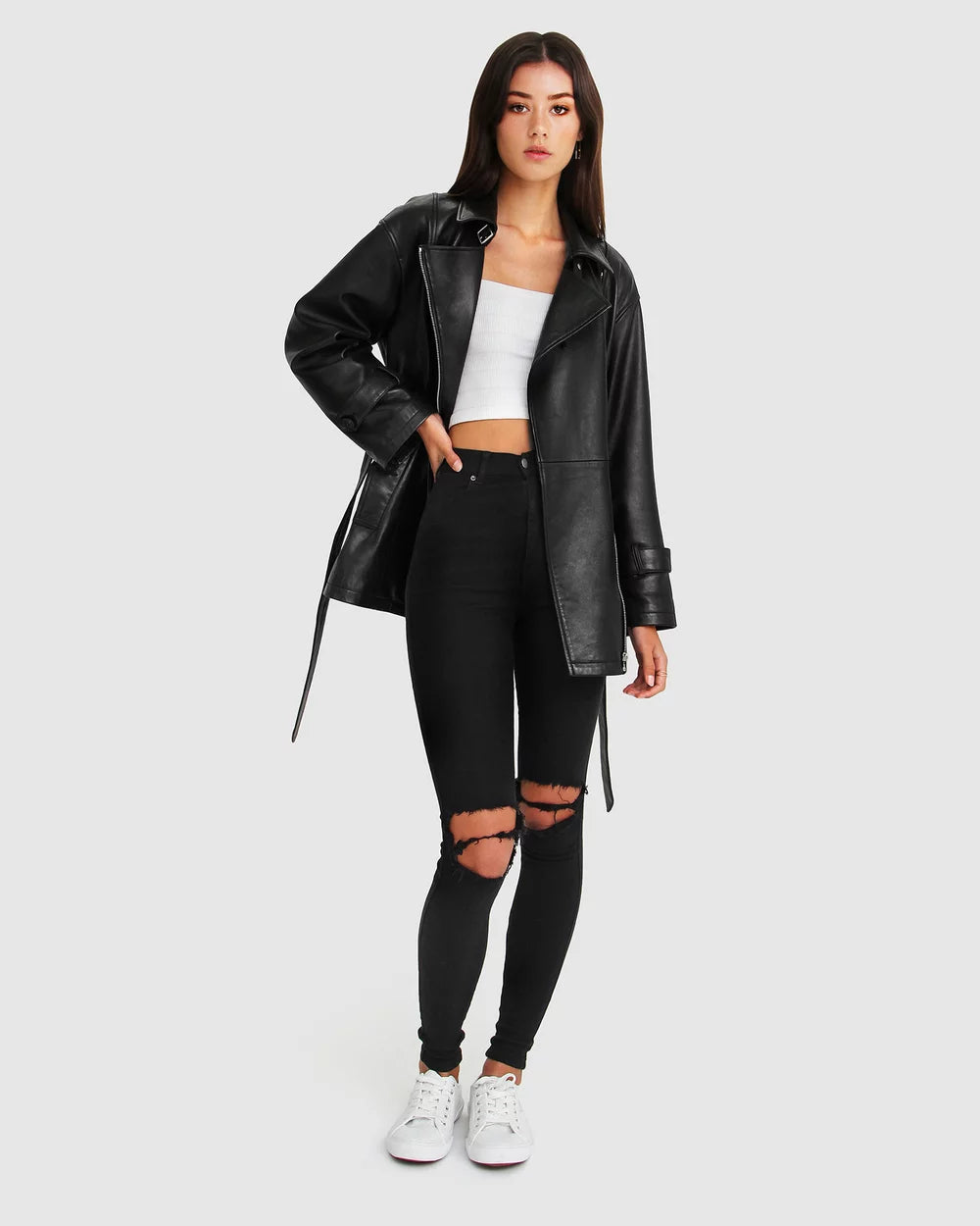 Belted Black Leather Jacket