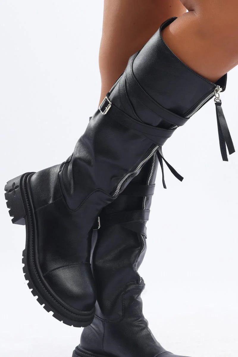 Black Strappy Knee High Boots
