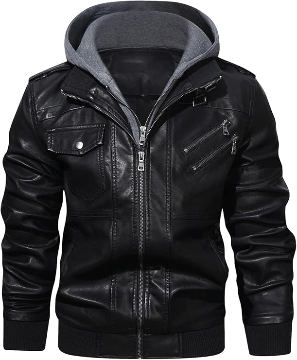 Men’s Casual Stand Collar PU Faux Leather Motorcycle Bomber Jacket