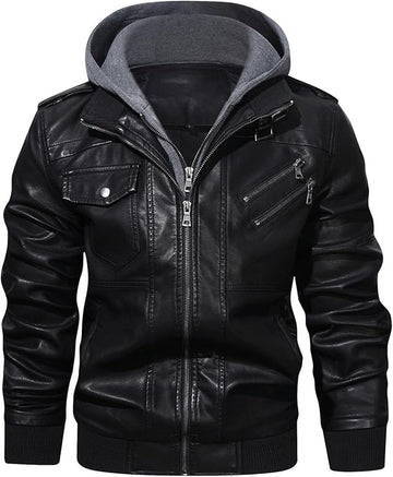 Men’s Casual Stand Collar PU Faux Leather Motorcycle Bomber Jacket