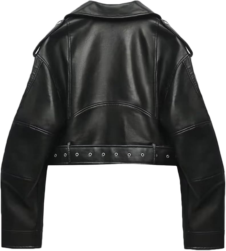 Women Faux Leather Cropped Jacket Lapel Zipper Biker Short Coat with Belt