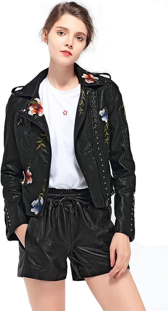 Women’s Floral Embroidered Faux Leather Moto Jacket