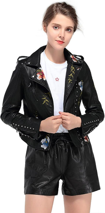 Women’s Floral Embroidered Faux Leather Moto Jacket