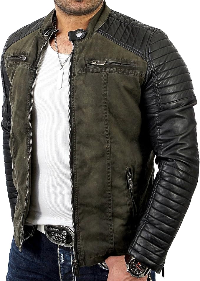 Men's Biker Faux Leather Jacket with Quilted Areas