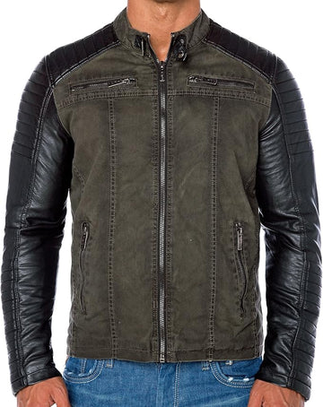 Men's Biker Faux Leather Jacket with Quilted Areas