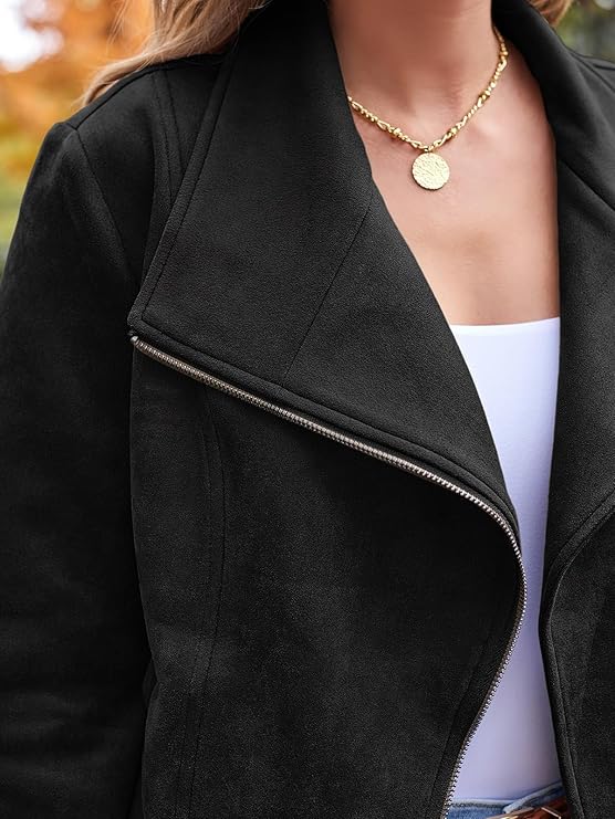 Women’s Black Faux Leather Motorcycle Jacket – Short Moto Biker Coat