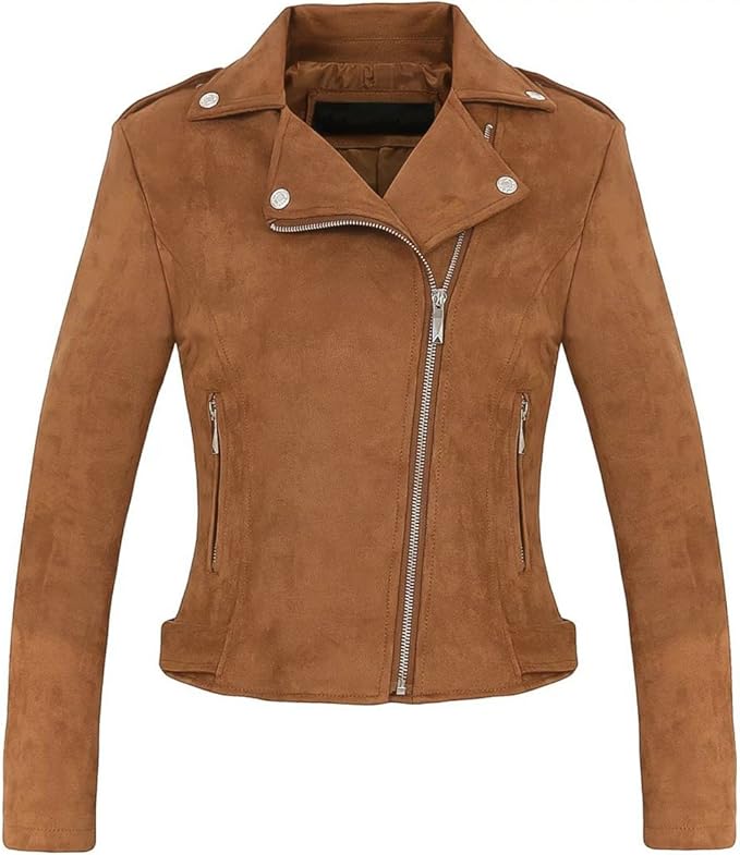 Women's Stylish Notched Collar Oblique Zip Suede Leather Moto Jacket