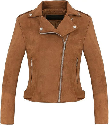Women's Stylish Notched Collar Oblique Zip Suede Leather Moto Jacket