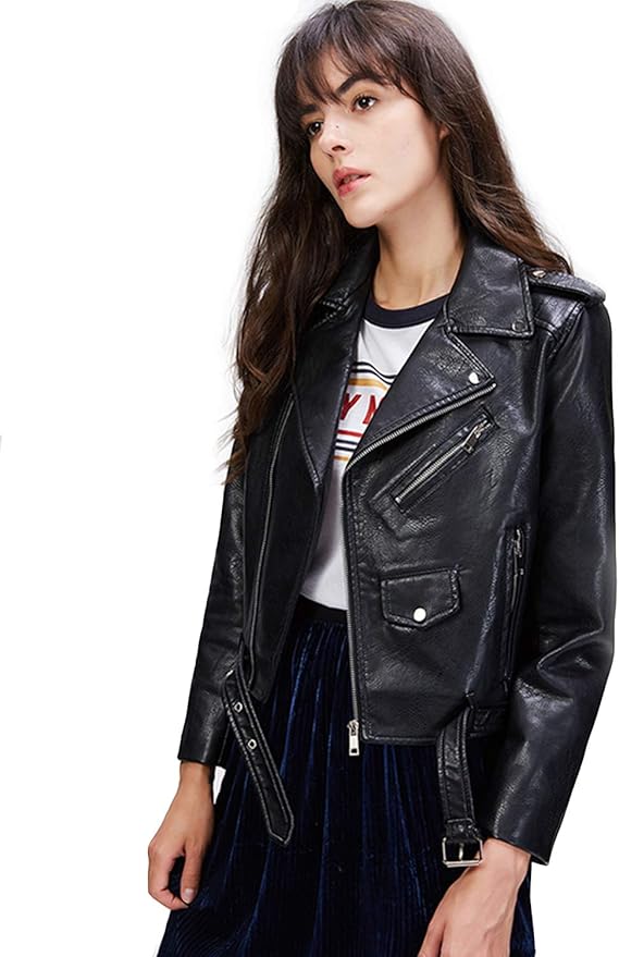 Women's Faux Leather Motorcycle Jacket PU Slim Short Biker Coat