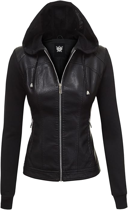Womens Faux Leather Motorcycle Jacket with Hoodie