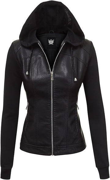 Womens Faux Leather Motorcycle Jacket with Hoodie