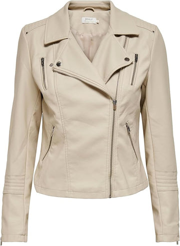 Women’s White Leather Jacket – Quilted Youth Style with Asymmetric Zip & Lapel Collar