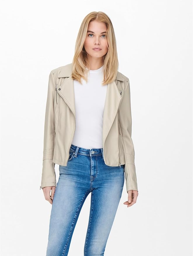 Women’s White Leather Jacket – Quilted Youth Style with Asymmetric Zip & Lapel Collar
