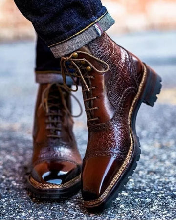 Men's Brown Brogue Cap Toe Boot with Leather and Rubber Sole (laceup)
