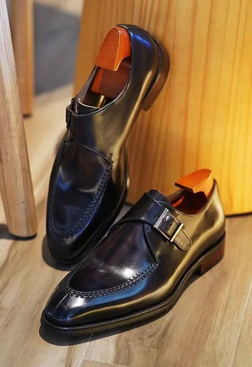 Men's Black Italian Leather Monk Strap Loafer with Stitched Toe Detail