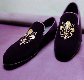 Embroidered Purple Velvet Slippers with Fleur-de-Lis Motif(Moccasin Slip on Dress Shoes