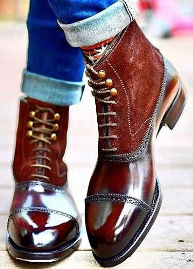 Two-Tone Leather and Suede Brogue Boot with Cap Toe(Lace up Toe cap Ankle Boots)