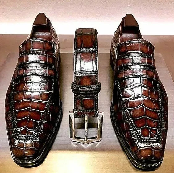 Handmade Brown Alligator Texture Leather Moccasin Shoes
