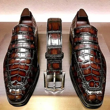 Handmade Brown Alligator Texture Leather Moccasin Shoes