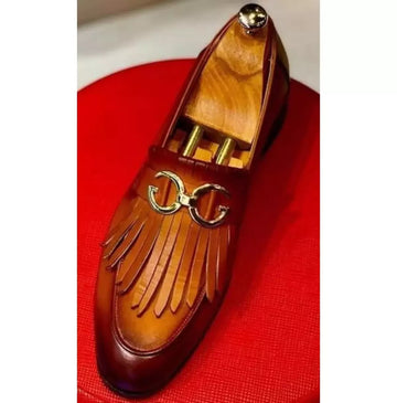 Handmade Tan Formal Fringes Slip Ons Loafers Party Wear Shoes For Mens with Gold GG Hardware