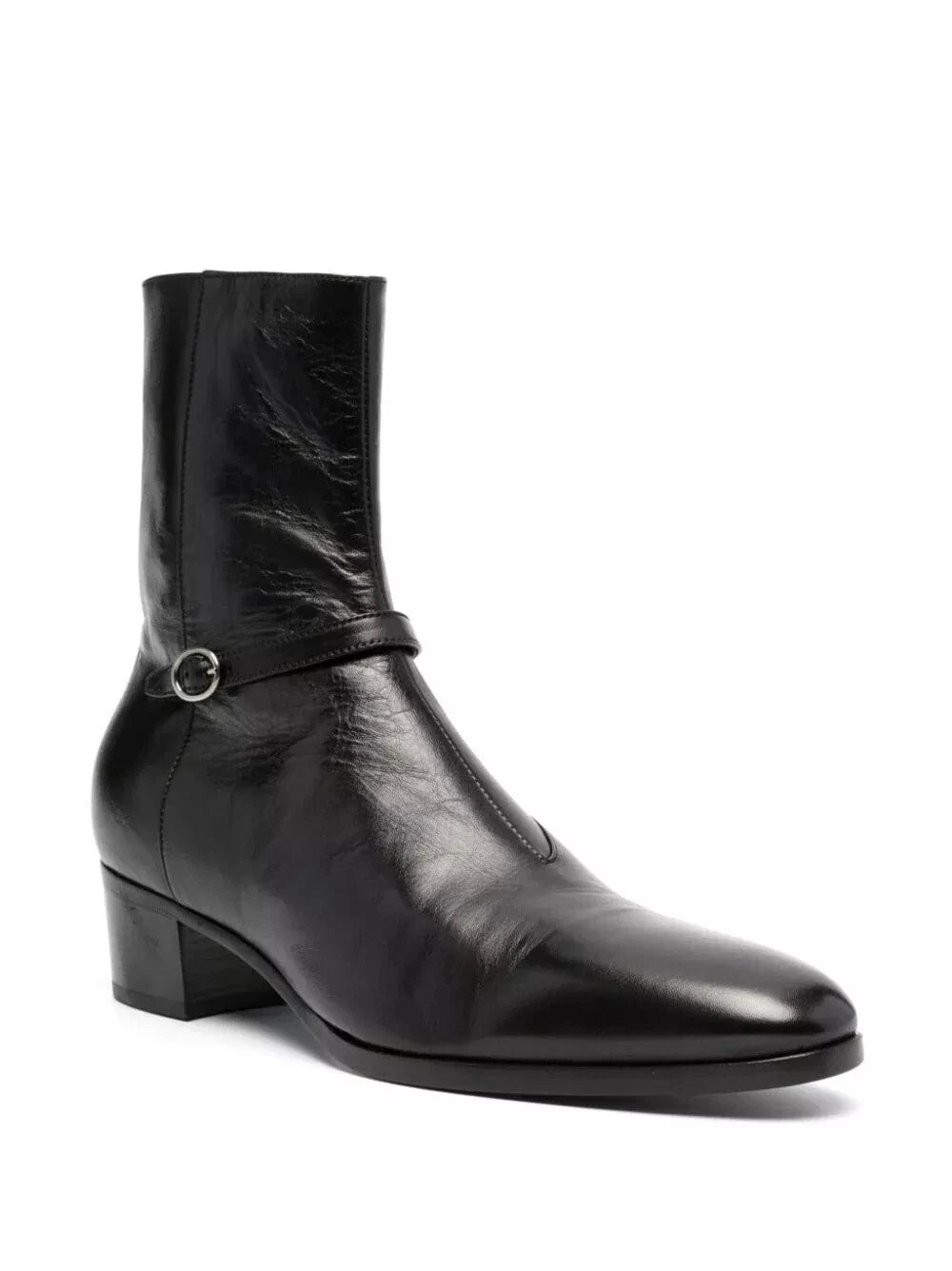Black Leather Ankle Boots with Buckle Strap