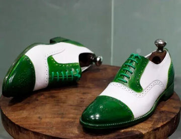 Men Two Tone Green and White Leather Brogue Oxford Shoe Lace Up