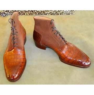 Men’s Two-Tone Balmoral Boot – Crocodile Leather and Suede Combination(Ankle Lace Up)