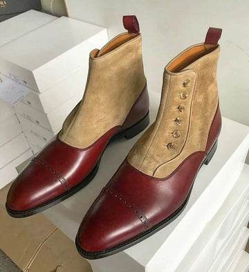 Men's Burgundy Leather and Beige Suede Chelsea Boots with Button Detail (Two - Tone and Ankle boots)