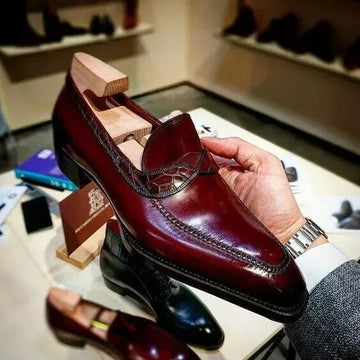 Burgundy Leather Loafer with Handcrafted Detailing and Moccasin Stitching