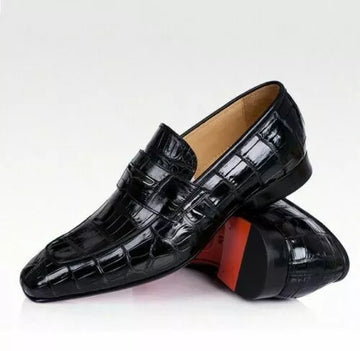 Men’s Exotic-Print Penny Loafers in Black Glossy Crocodile-Embossed Leather