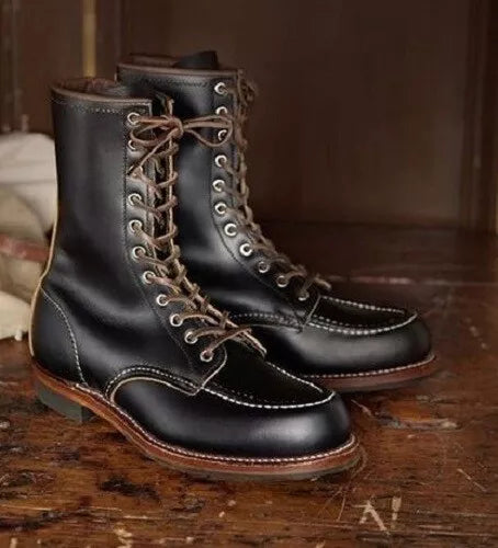 Men's Black Lace-Up Leather Work Boot with Moccasin Stitching