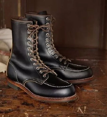Men's Black Lace-Up Leather Work Boot with Moccasin Stitching